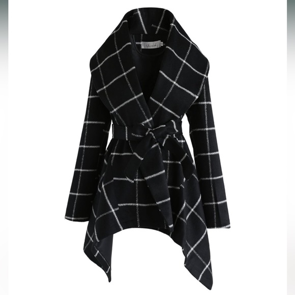 Chicwish Shawl Collar Black w/ White Grid Asymmetric Hem Wool Blend Coat Small - Picture 9 of 11